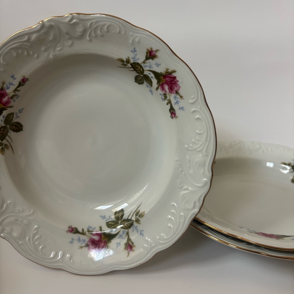 Vintage Walbrzych Poland Porcelain Soup Bowls (Set of 3) Rose Gold Embossed Rim